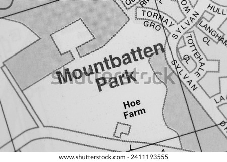 Mountbatten Park, Southampton in Hampshire, England, UK atlas map town name of the area in black and white