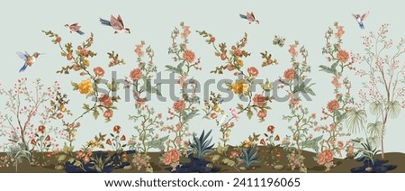3d wallpaper design with branches, birds and flowers for digital wall print