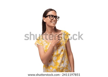 young european woman with vision glasses dressed in summer outfit on white background