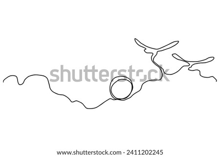 Сontinuous line sun over the mountains. Black simple one line abstract icon in vector