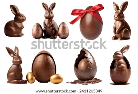 Collection set of chocolate easter rabbit bunny and eggs on white background cutout file. Many different design. Mockup template for artwork design