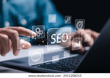 Businessman use laptop to analyze SEO search engine optimization for promoting ranking traffic on website and optimizing your website to rank in search engines.