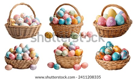 Collection set of basket of colourful hand painted decorated easter eggs on white background cutout file. Many different design. Mockup template for artwork design Royalty-Free Stock Photo #2411208335