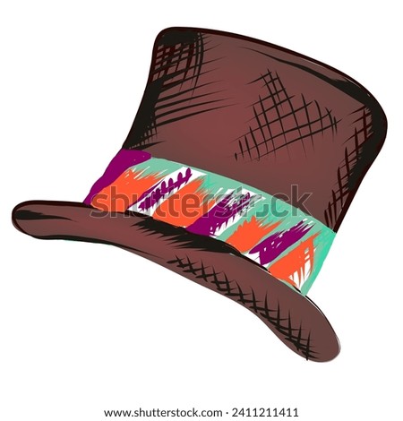 brown top hat with multicolored ribbon