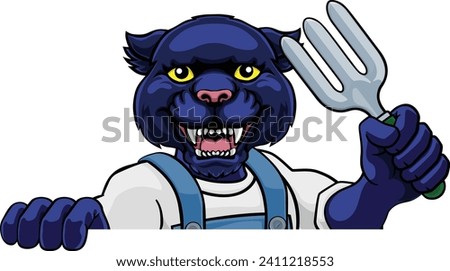 A panther gardener cartoon gardening animal mascot holding a garden fork tool peeking round a sign