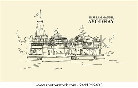 Line art hand drawn illustration of religious background of Ram Temple in Ayodhya birth place Lord Rama.