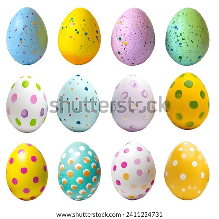 Collection of colourful hand painted decorated easter eggs, white background cutout file. Dots and splatter set. Many different design. Mockup template for artwork design Royalty-Free Stock Photo #2411224731