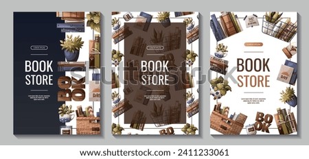 Set of flyers with books, potted plants and wooden word "book". Bookstore, bookshop, book lover, reading, interior concept. Vector illustration for advertising, banner, promo.