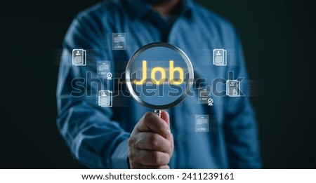 Job search, find your career, Job recruit employee, Human Resources HR management Recruitment Employment Headhunting, man use magnifier search and select job applicants in process, selecting people. Royalty-Free Stock Photo #2411239161