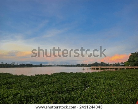 view of Cipondoh lake from a distance with morning clouds in the background