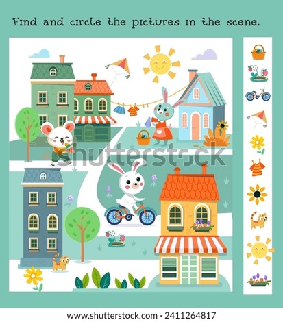 Find hidden objects in picture. Educational puzzle game for kids. Cute cartoon stylised mice and bunnies in city. Scene for children's books on white background. Vector illustration.  Royalty-Free Stock Photo #2411264817