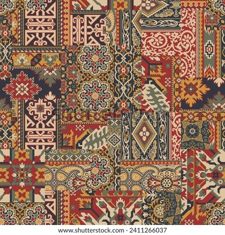 Caucasian style antique rug motifs patchwork wallpaper abstract vector seamless pattern for shirt fabric wrapping carpet rug tablecloth pillow Royalty-Free Stock Photo #2411266037