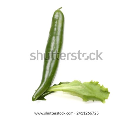 Letter L made from green salad and chili peppers alphabetic ABC capital letters made of chillies, peppers, for text, encyclopedia, cook book, cookery books, word  vegan January, letters isolated Royalty-Free Stock Photo #2411266725
