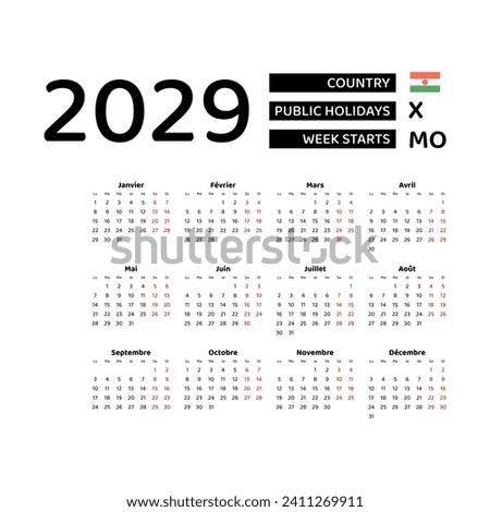 Calendar 2029 French language with Niger public holidays. Week starts from Monday. Graphic design vector illustration.