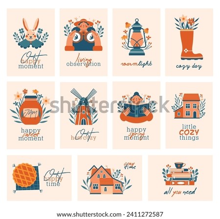 Big collection of cute cards with illustrations of people, houses, winmill, sweet baking, books, jars, rabbit, boot, lantern, flowers, plants. Cottagecore aesthetics. Village slow life. Flat clip arts