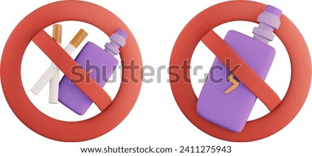 No smoking no vaping 3D sign. Forbidden 3D sign icon isolated on white background vector illustration. 3D Cigarette,3D vape and smoke and in 3D prohibition circle.
