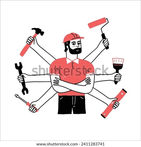 Professional handyman with many tools on his hands. Hand drawn vector illustration line art doodle style. Royalty-Free Stock Photo #2411283741