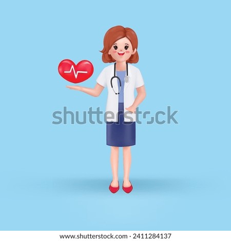 3D woman Cardiologist shows red heart symbol. Medical application concept.Medical presentation clip art isolated on blue background.