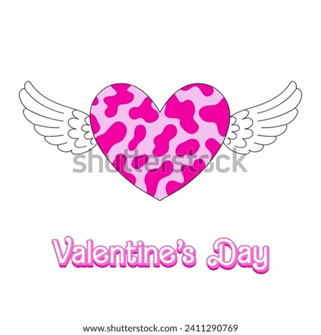 Retro cow spotted heart with angel wings pink aesthetic vector illustration isolated on white. Howdy Saint Valentines Day holiday romantic love print.