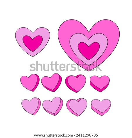 Pink aesthetic ray burst heart vector illustration set isolated on white. Saint Valentines Day romantic love print collection.