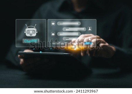 AI chat technology, Businessman use tablet with virtual screen of AI chatbot communicate and answer questions. Artificial intelligence solves problems and assists human decision-making for users.