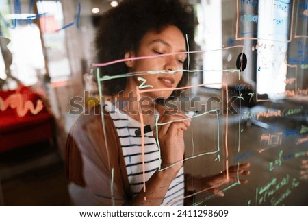 Portrait of happy success black woman working in a busy modern workplace, Startup coworker concept