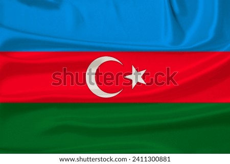 colored national flag represents Azerbaijan's sovereignty and independence as nation on textured fabric, concept unique cultural and political identity, tourism, emigration, economy and politics