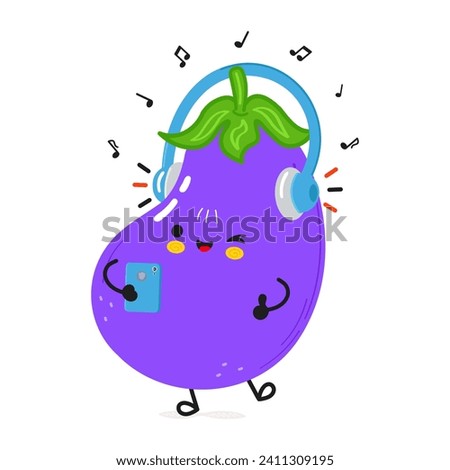 Cute funny Eggplant listens to music on headphones with a smartphone. Vector hand drawn cartoon kawaii character illustration icon. Isolated on white background. Happy Eggplant character concept