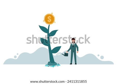 A businessman who waters a flowering plant is a gold coin. Concept of financial growth or investing to increase profits. Success in Business Wealth Management. Vector illustration flat design style