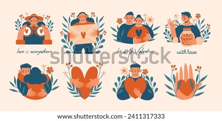 Set of illustrations with cute persons, who hugging, people, lovers, man, woman, couple. Saint Valentine's Day. Clip arts for card with love letter, jar with heart, flowers, plants, binoculars, hands.