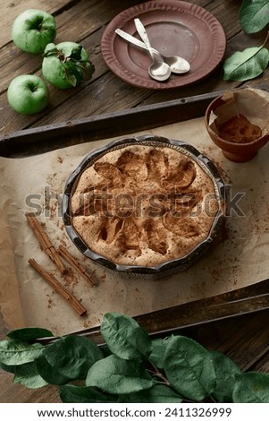 Homemade traditional classic apple made with healthy organic green fruits served on a rustic table in a garden setting. High quality photo