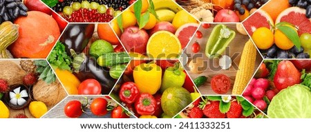 Photo collage of different vegetables and fruits, located in a mosaic. Wide photo.