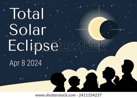 People in glasses watching solar eclipse. Hand drawn vector banner design.  Royalty-Free Stock Photo #2411334237