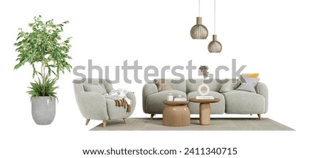 Front view sofa, armchair and plant on white background.