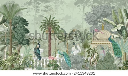 Traditional Mughal garden illustration pattern for wallpaper, peacock, Bird, Watercolor Background. 