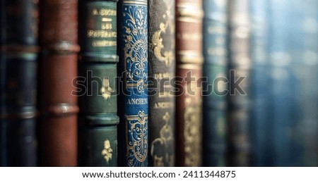 Old books close-up. Title of the book is printed on the spine, book cover. Tiled Bookshelf background. Concept on the theme of history, nostalgia, old age, library. Macro photo. Very shallow focus.