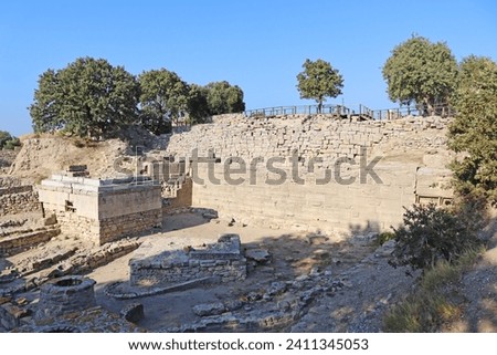 Ruins of the Ancient City of Troy. Archeological site. Canakkale Province, Turkey. Royalty-Free Stock Photo #2411345053