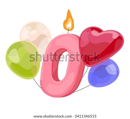 Birthday candle with zero age symbol. 0 year wax figure, festive balloons composition. Party cake decoration with number form. Anniversary event. Flat isolated vector illustration on white background