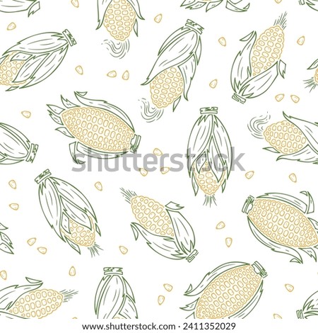 Maize. Outline Corn Cobs Seamless Pattern. Vector Vegetable Background. Royalty-Free Stock Photo #2411352029