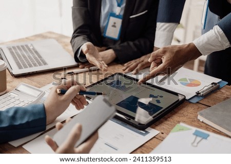 Businessmen brainstorm and work together on finance and marketing of new business, company meeting discuss planning Working in an organization and analysis of business strategies, close-up images