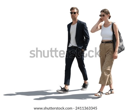 Young fashionable couple walking in the street in summer isolated on white background Royalty-Free Stock Photo #2411363345