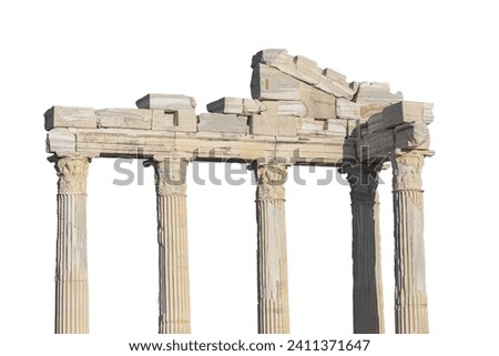 Temple of Apollo in ancient Side (Turkey). Entablature of the ruined temple with stone-cut relief on the frieze. Isolated, white background. History, art or architecture concept
