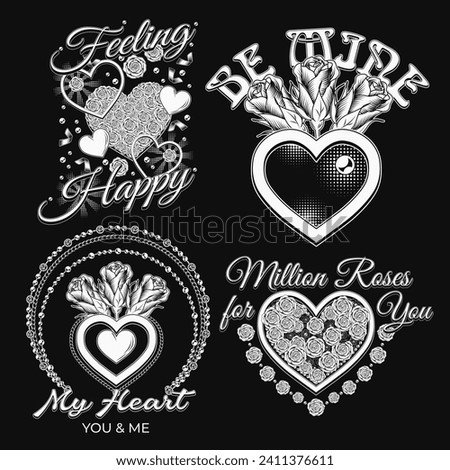 Valentines Day black and white label set with hearts, roses, jewelry chains, text. Black background. For greeting card, wedding, engagement, event decoration.