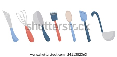 Hand drawn set of kitchen items. Whisk, soup ladle, sauce ladle, spatula, cooking spoon, kitchen knife collection clip art. Isolated kitchen utensils, vector illustration
