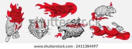 Owl, raven, car, wolf, rabbit, rat. Hand drawn illustration animals and birds with red flames in retro vintage style. Set silhouette character for tattoo, mascot. Vector art elements.