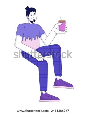 Smiling caucasian man chilling with drink 2D linear cartoon character. Relaxed guy holding cocktail cheers isolated line vector person white background. Funky carefree color flat spot illustration