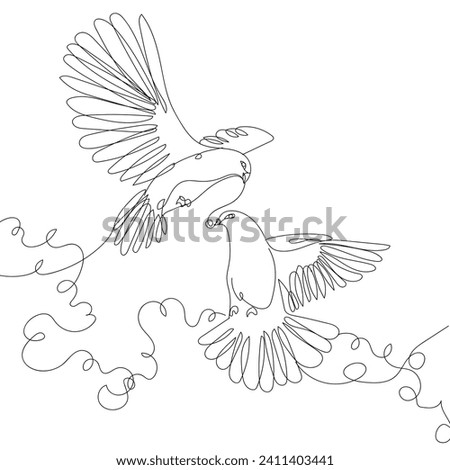 Drawn couple of flying doves and heart shape on white background