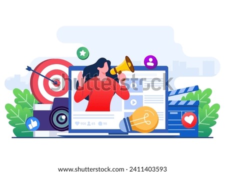 Video marketing concept flat illustration, Blogging, Blogger, social media marketing, e-commerce, Digital Marketing, Advertising, Social media campaign, Promotion, Content strategy Royalty-Free Stock Photo #2411403593