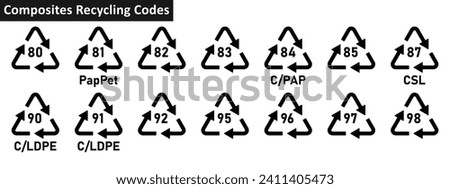 Composites recycling code icon set. composites recycling codes 80-85, 87, 90-92, 95-98 for factory and industial products. Triangular composites recycling symbols on white background. Royalty-Free Stock Photo #2411405473