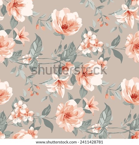 textile design, flowers leaves abstract botanic pattern allover repeats seamless pastel color ,fabric wrapper print ,spring summer Royalty-Free Stock Photo #2411428781